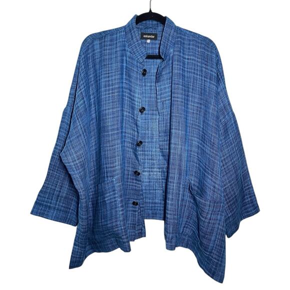 Eskandar Blue Textured Plaid Linen Mandarin Collar Relaxed Button Up Jacket 0 - Picture 3 of 11